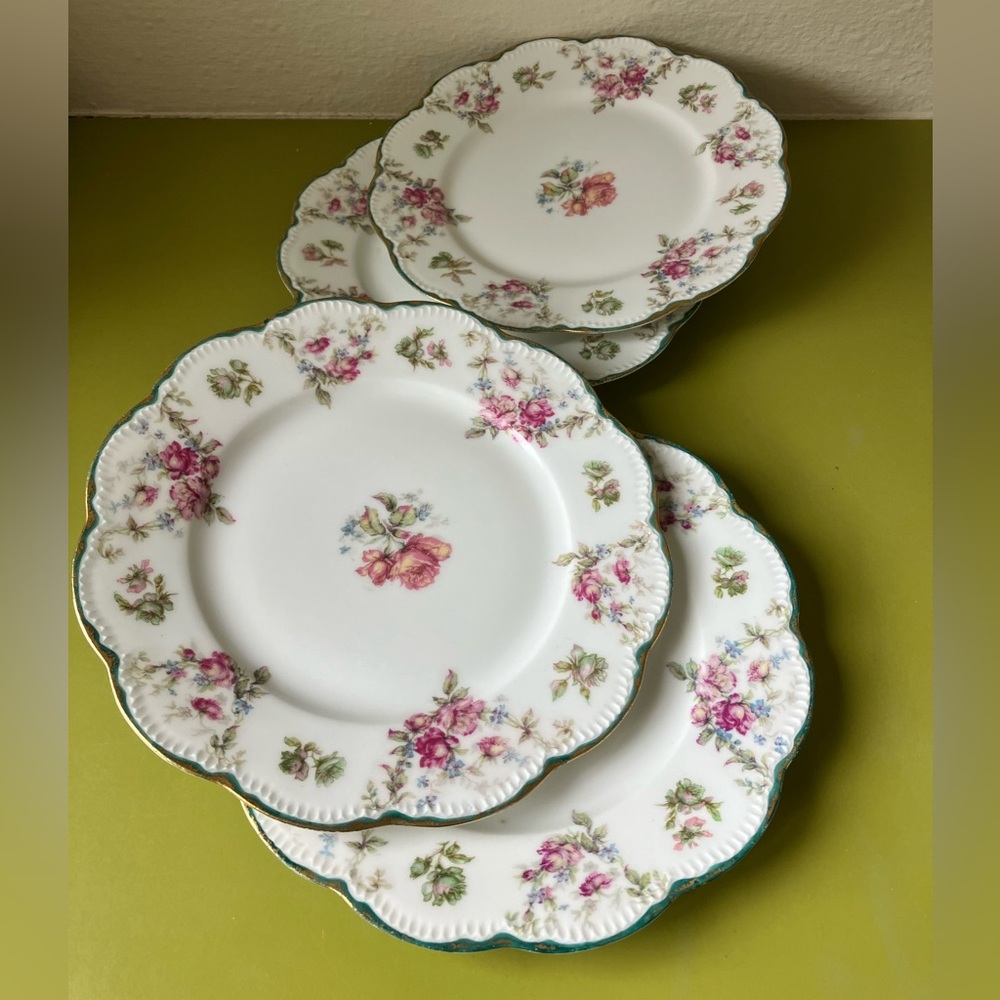 Antique Haviland & Co Limoges Pink Roses Green & Golden Rim Dessert Plates Set 4